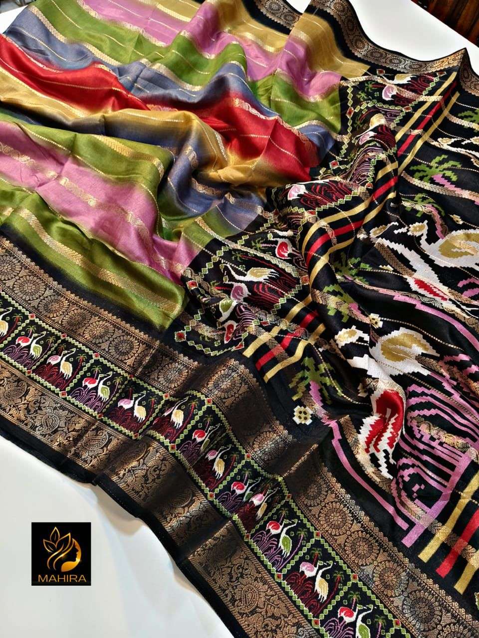 Beautiful and soft dola silk fabric with multicolored design on saree wholesale in surat rimi